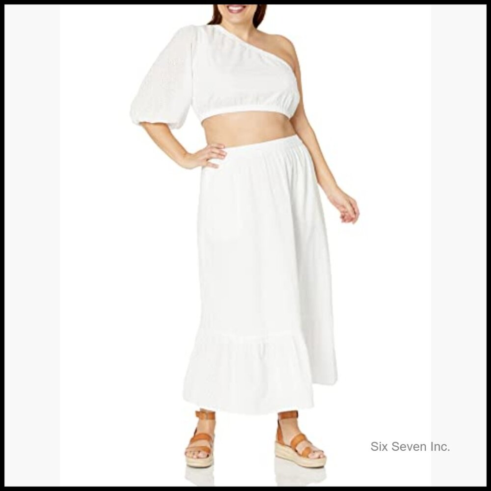 Cotton Eyelet Tiered Midi Skirt, Elastic Waist Pull-On Casual - Picture 7 of 7